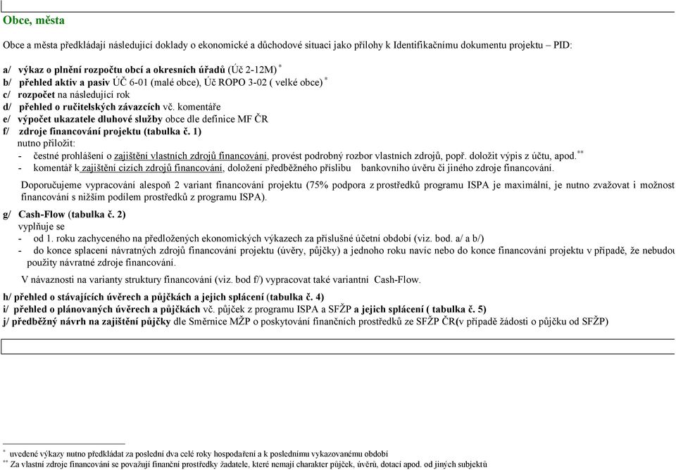 komentáře e/ výpočet ukazatele dluhové služby obce dle definice MF ČR f/ zdroje financování projektu (tabulka č.