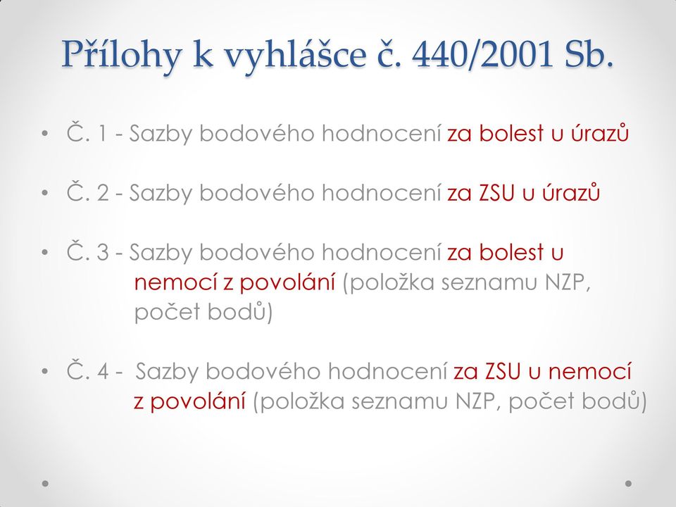 2 - Sazby bodového hodnocení za ZSU u úrazů Č.