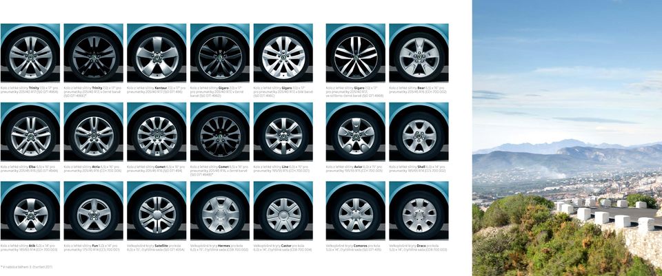 pneumatiky 205/40 R17, v bílé barvě (5J0 071 496C) Kolo z lehké slitiny Gigaro 7,0J x 17" pro pneumatiky 205/40 R17, ve stříbrno-černé barvě (5J0 071 496B) Kolo z lehké slitiny Bear 6,5J x 16" pro