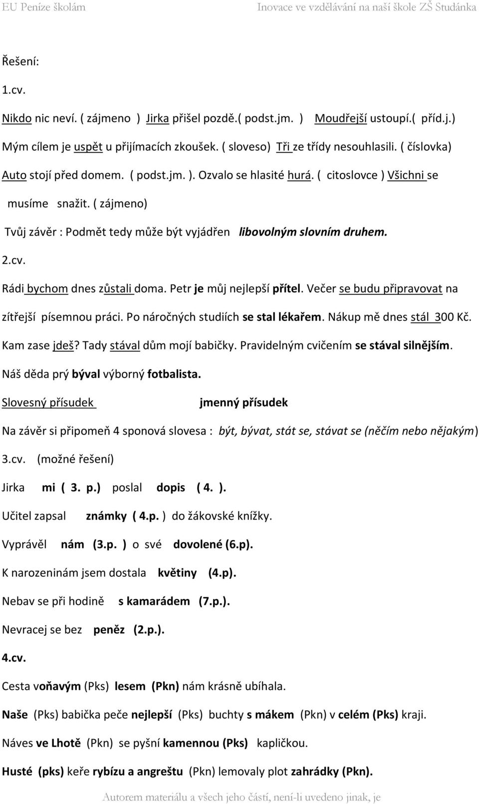 cv. Rádi bychom dnes zůstali doma. Petr je můj nejlepší přítel. Večer se budu připravovat na zítřejší písemnou práci. Po náročných studiích se stal lékařem. Nákup mě dnes stál 300 Kč. Kam zase jdeš?