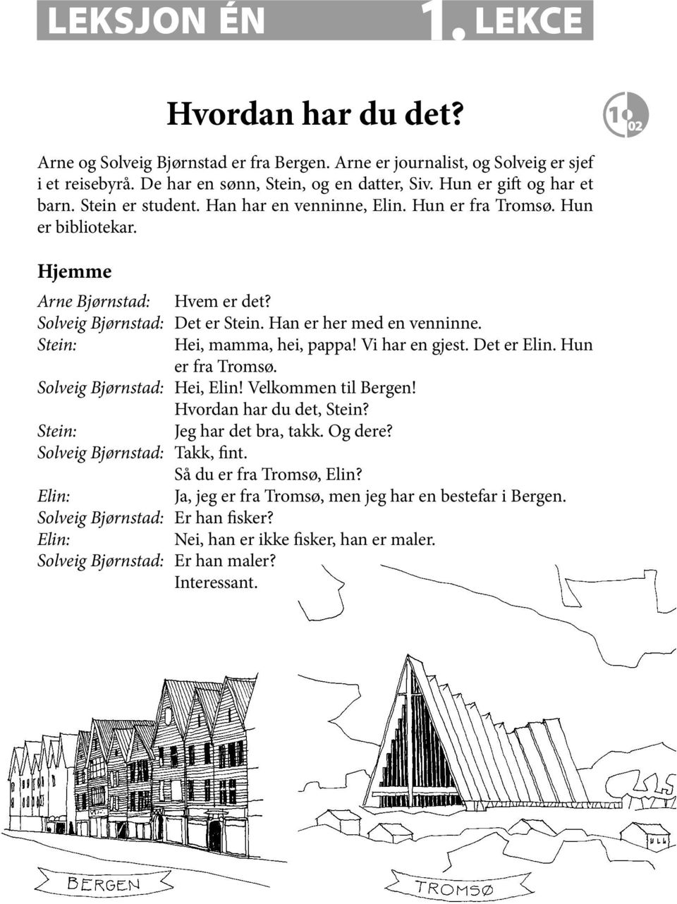 Stein: Hei, mamma, hei, pappa! Vi en gjest. Det Elin. Hun fra Tromsø. Solveig Bjørnstad: Hei, Elin! Velkommen til Bgen! Hvordan du det, Stein? Stein: Jeg det bra, takk. Og de?