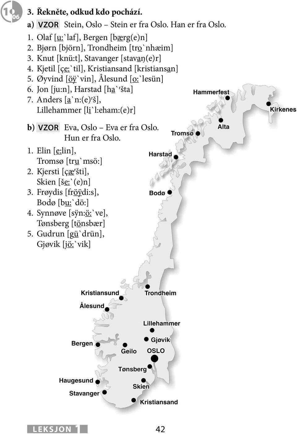 Øyvind [öÿ`vin], Ålesund [o:`lesün] 6. Jon [ju:n], Harstad [ha`ršta] 7. Ands [a`n:(e) r š], Lillehamm [li`l:eham:(e)r] b) VZOR Eva, Oslo Eva fra Oslo.