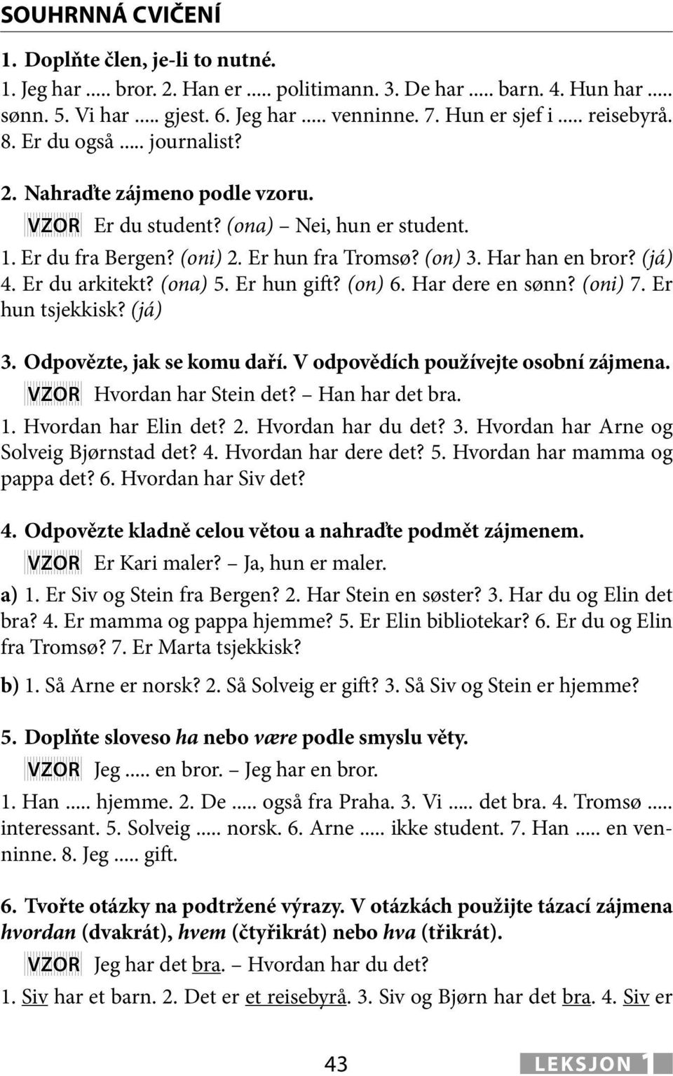 Er hun gift? (on) 6. Har de en sønn? (oni) 7. Er hun tsjekkisk? (já) 3. Odpovězte, jak se komu daří. V odpovědích používejte osobní zájmena. VZOR Hvordan Stein det? Han det bra. 1. Hvordan Elin det?