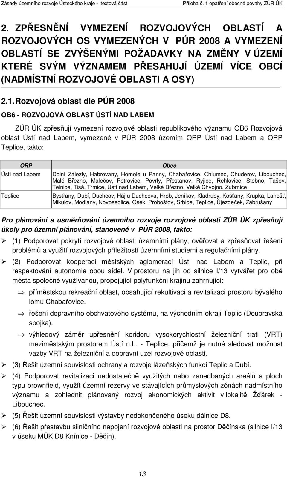 Rozvojová oblast dle PÚR 2008 OB6 - ROZVOJOVÁ OBLAST ÚSTÍ NAD LABEM ZÚR ÚK zpřesňují vymezení rozvojové oblasti republikového významu OB6 Rozvojová oblast Ústí nad, vymezené v PÚR 2008 územím Ústí