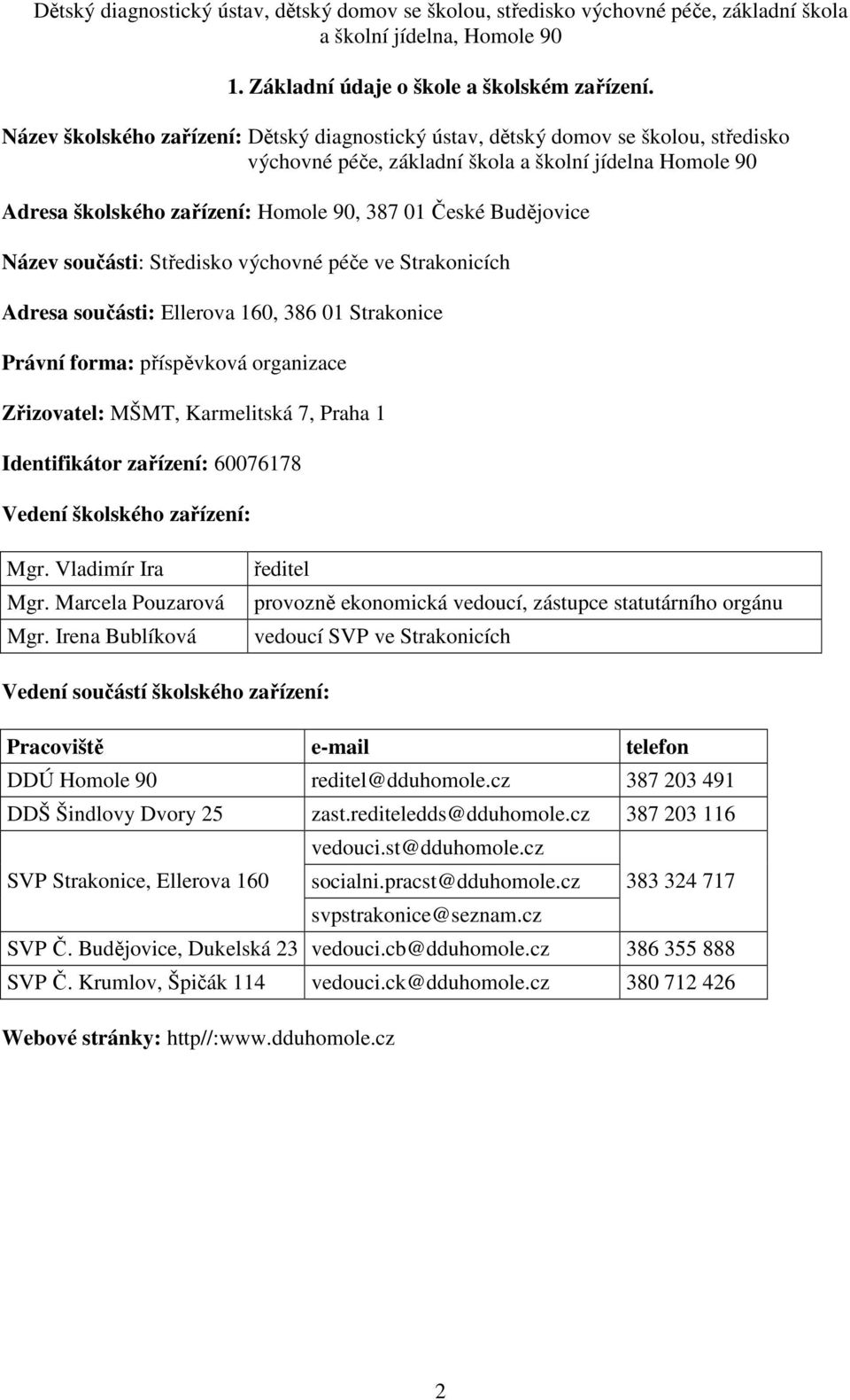 Budějovice Název součásti: Středisko výchovné péče ve Strakonicích Adresa součásti: Ellerova 160, 386 01 Strakonice Právní forma: příspěvková organizace Zřizovatel: MŠMT, Karmelitská 7, Praha 1