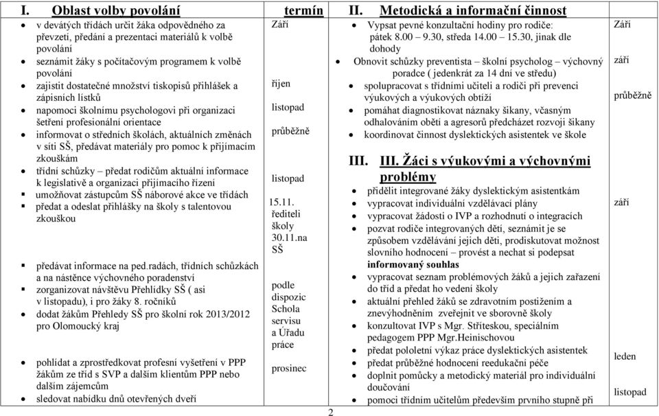 dostatečné množství tiskopisů přihlášek a zápisních lístků napomoci školnímu psychologovi při organizaci šetření profesionální orientace informovat o středních školách, aktuálních změnách v síti SŠ,