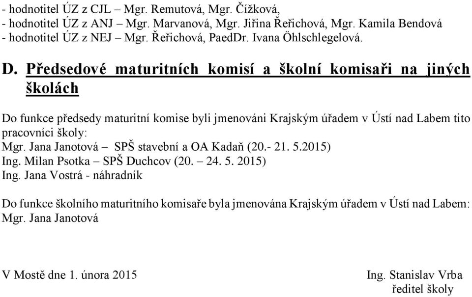 Předsedové maturitních komisí a školní komisaři na jiných školách Do funkce předsedy maturitní komise byli jmenováni Krajským úřadem v Ústí nad Labem tito pracovníci