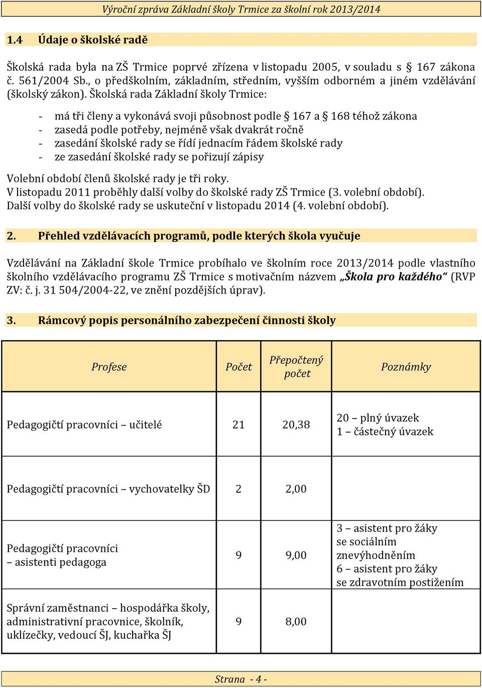 Školská rada Základní školy Trmice: - má tři členy a vykonává svoji působnost podle 167 a 168 téhož zákona - zasedá podle potřeby, nejméně však dvakrát ročně - zasedání školské rady se řídí jednacím