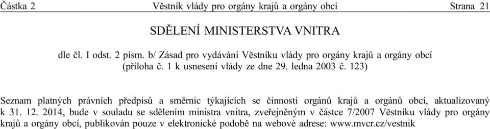 123) Seznam platných právních předpisů a směrnic týkajících se činnosti orgánů krajů a orgánů obcí, aktualizovaný k 31. 12.