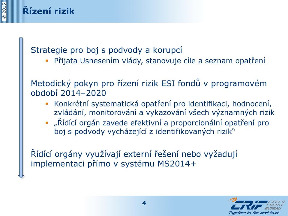 zvládání, monitorování a vykazování všech významných rizik Řídící orgán zavede efektivní a proporcionální opatření pro boj s