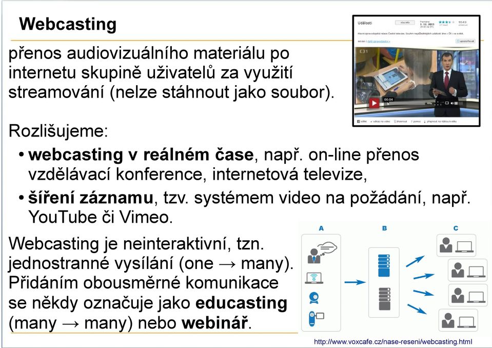 systémem video na požádání, např. YouTube či Vimeo. Webcasting je neinteraktivní, tzn. jednostranné vysílání (one many).