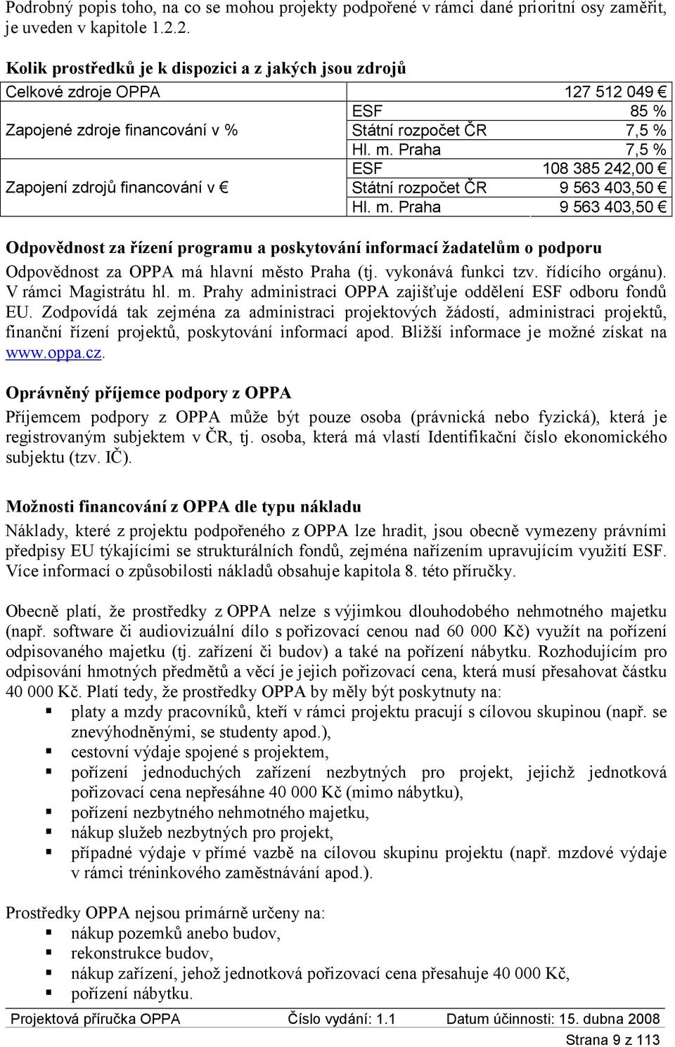 Praha 7,5 % ESF 108 385 242,00 Zapojení zdrojů financování v Státní rozpočet ČR 9 563 403,50 Hl. m.