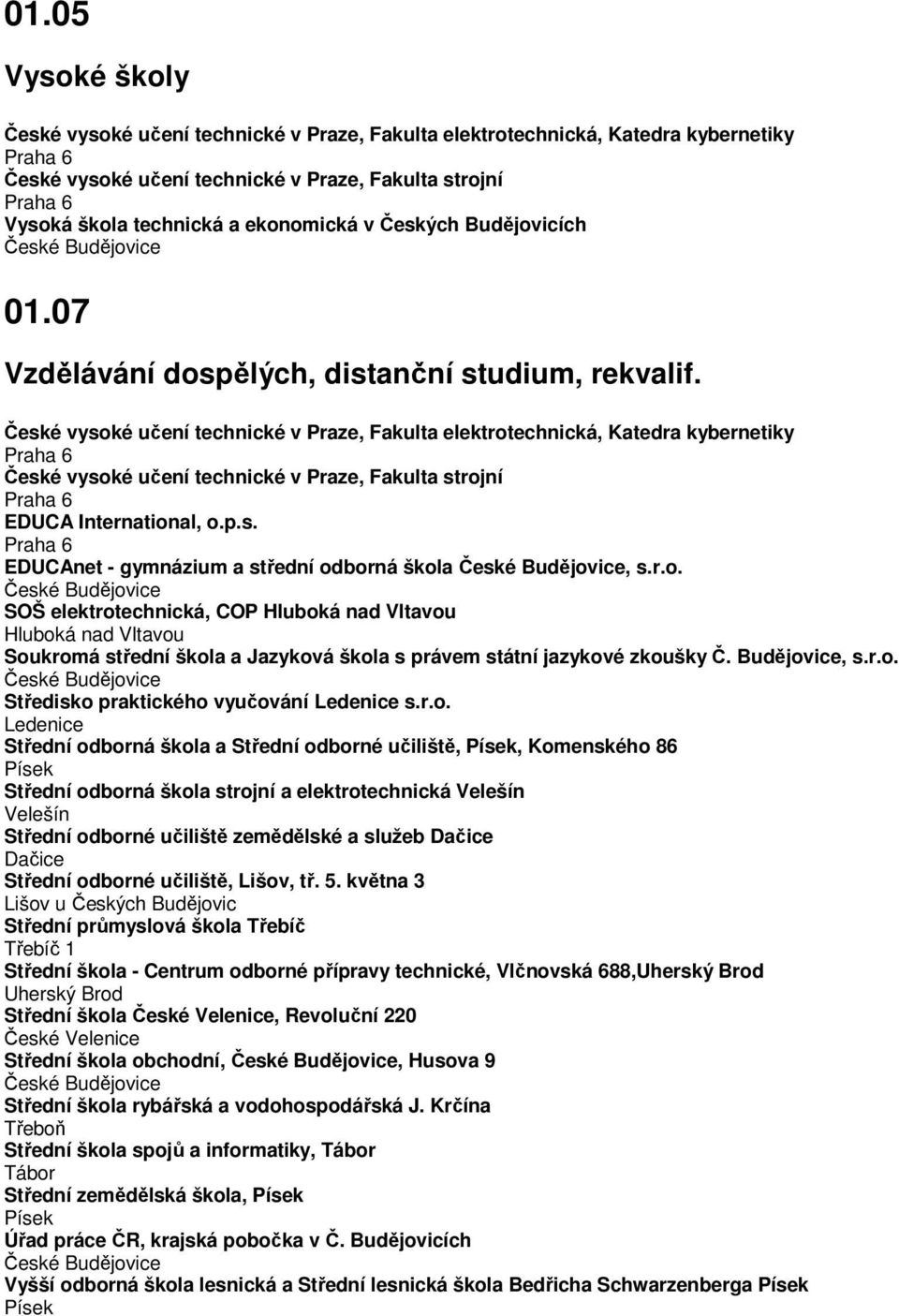 České vysoké učení technické v Praze, Fakulta elektrotechnická, Katedra kybernetiky České vysoké učení technické v Praze, Fakulta strojní EDUCA International, o.p.s. EDUCAnet - gymnázium a střední odborná škola, s.