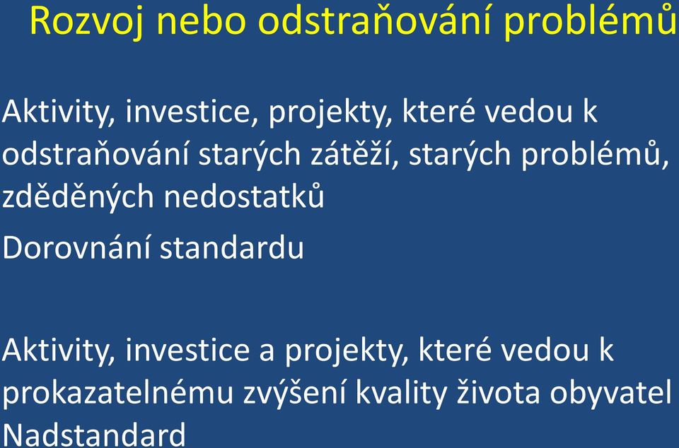 zděděných nedostatků Dorovnání standardu Aktivity, investice a