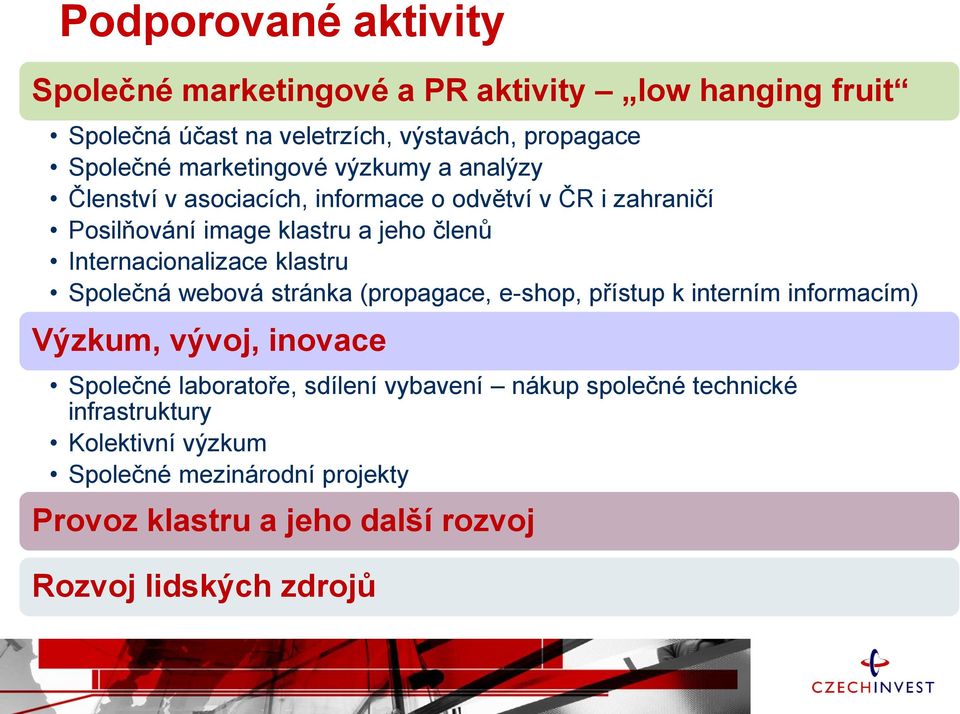 Internacionalizace klastru Společná webová stránka (propagace, e-shop, přístup k interním informacím) Výzkum, vývoj, inovace Společné