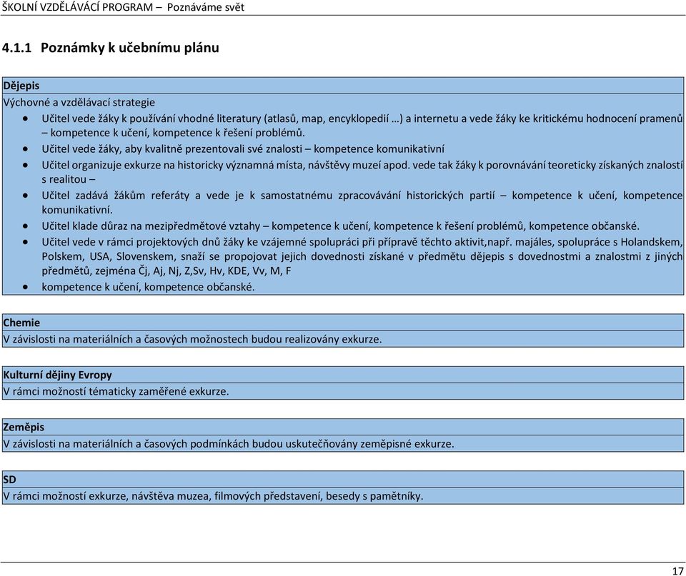 Učitel vede žáky, aby kvalitně prezentovali své znalosti kompetence komunikativní Učitel organizuje exkurze na historicky významná místa, návštěvy muzeí apod.