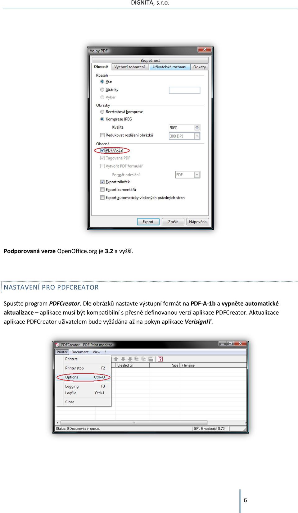 Dle obrázků nastavte výstupní formát na PDF-A-1b a vypněte automatické aktualizace