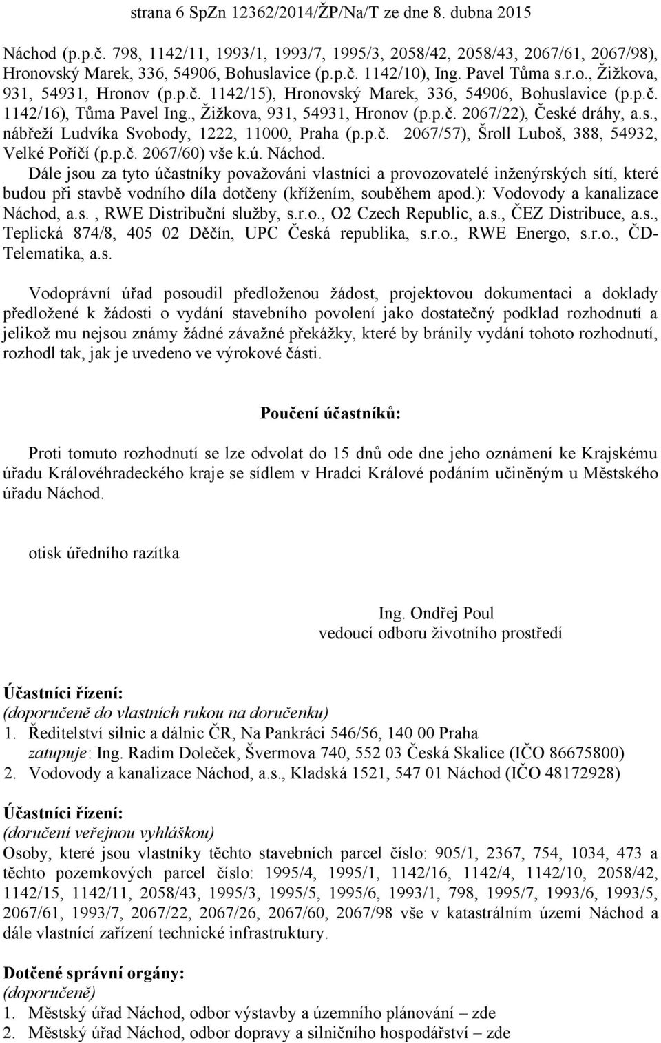 s., nábřeží Ludvíka Svobody, 1222, 11000, Praha (p.p.č. 2067/57), Šroll Luboš, 388, 54932, Velké Poříčí (p.p.č. 2067/60) vše k.ú. Náchod.