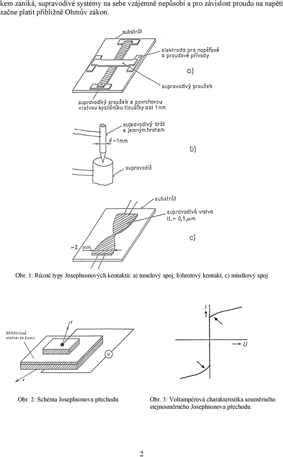 1: Různé typy Josephsonových kontaktů: a) tunelový spoj, b)hrotový kontakt, c)
