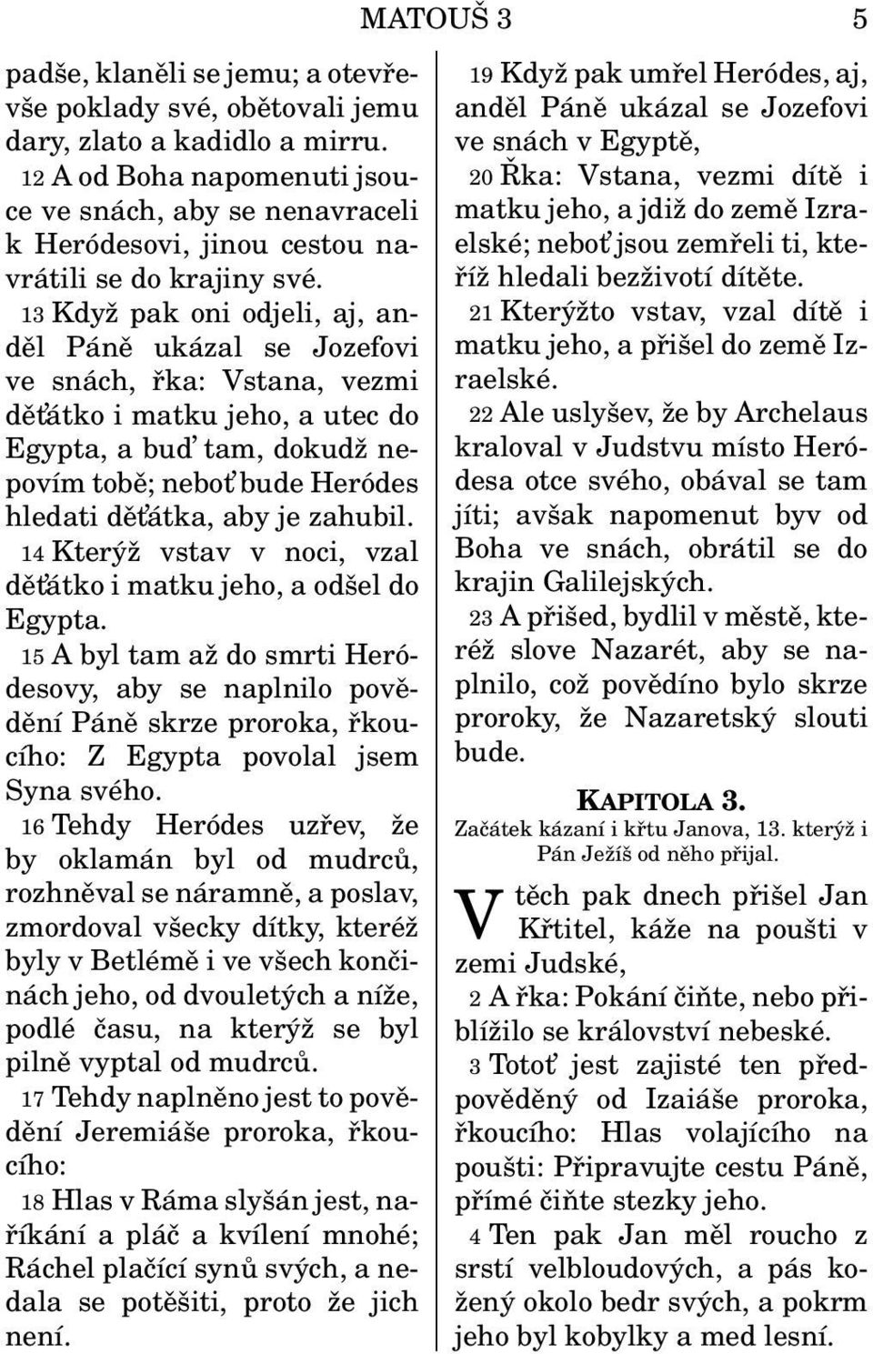 13 Když pak oni odjeli, aj, anděl Páně ukázal se Jozefovi ve snách, řka: Vstana, vezmi dět átko i matku jeho, a utec do Egypta, a bud tam, dokudž nepovím tobě; nebot bude Heródes hledati dět átka,