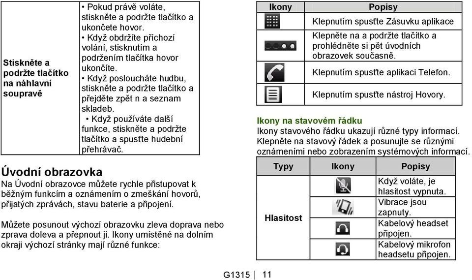 Ú vodní obrazovka Na Úvodní obrazovce můţete rychle přistupovat k běţným funkcím a oznámením o zmeškání hovorů, přijatých zprávách, stavu baterie a připojení.