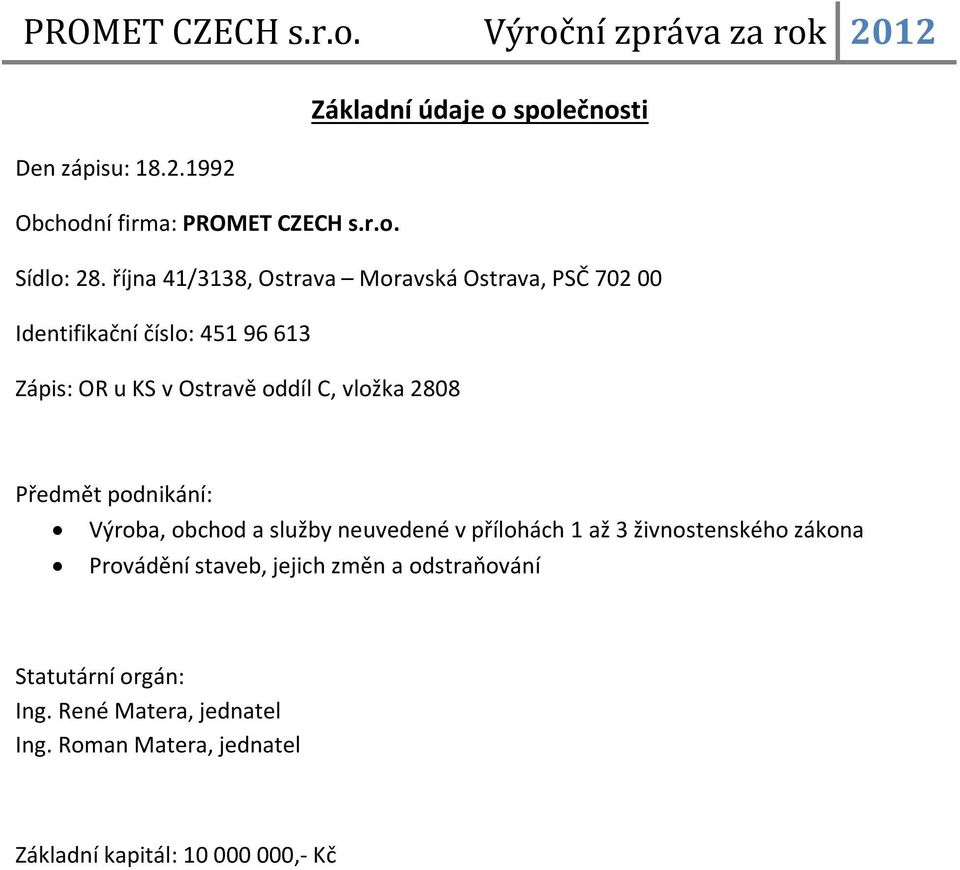 vložka 2808 Předmět podnikání: Výroba, obchod a služby neuvedené v přílohách 1 až 3 živnostenského zákona Provádění