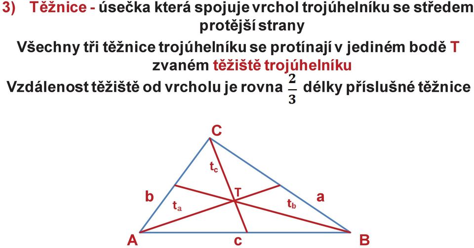 protínají v jediném bodě T zvaném těžiště trojúhelníku