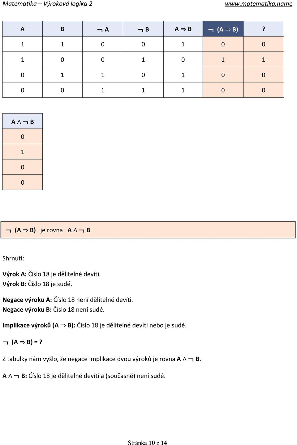 A B Shrnutí: Implikace výroků (A B): Číslo 18 je dělitelné devíti nebo je sudé.