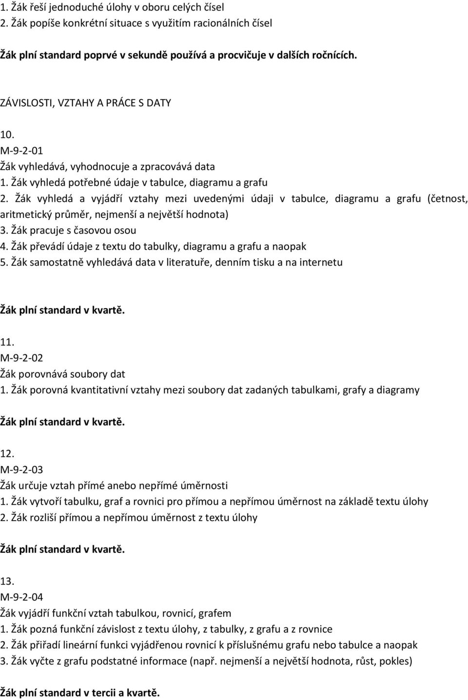 Žák vyhledá a vyjádří vztahy mezi uvedenými údaji v tabulce, diagramu a grafu (četnost, aritmetický průměr, nejmenší a největší hodnota) 3. Žák pracuje s časovou osou 4.