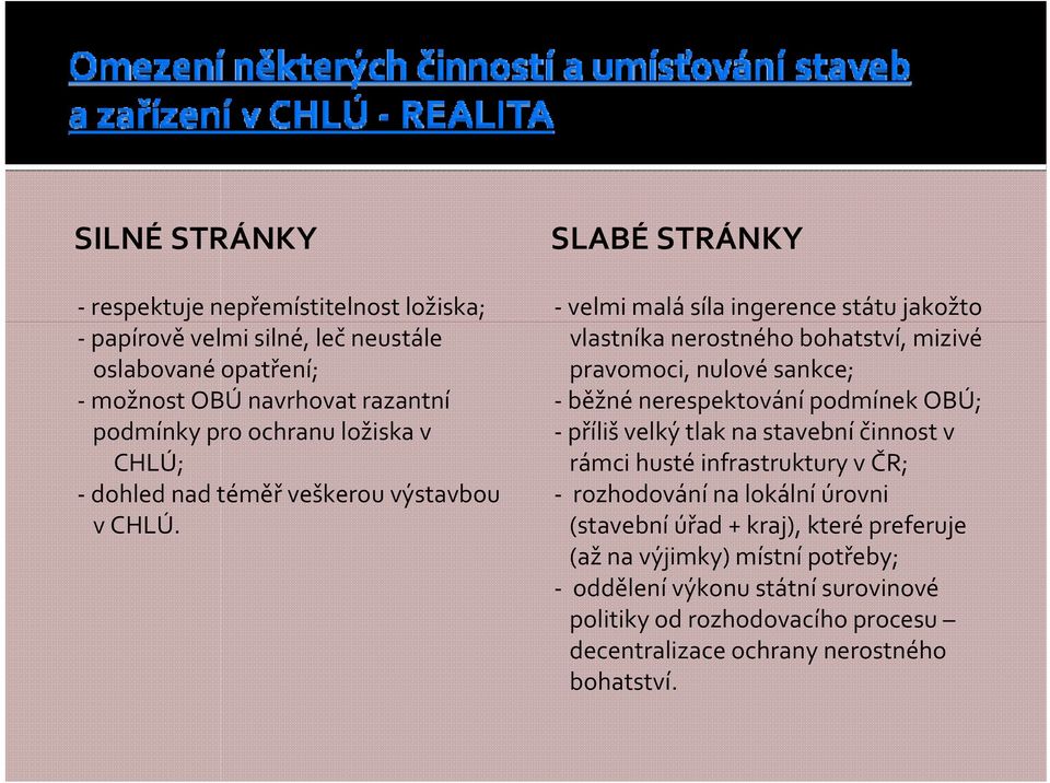 SLABÉ STRÁNKY velmi malá síla ingerence státu jakožto vlastníka nerostného bohatství, mizivé pravomoci, nulové sankce; běžné nerespektování podmínek OBÚ; příliš