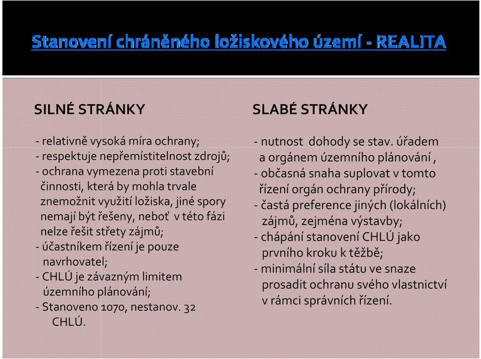 nestanov. 32 CHLÚ. SLABÉ STRÁNKY nutnost dohody se stav.