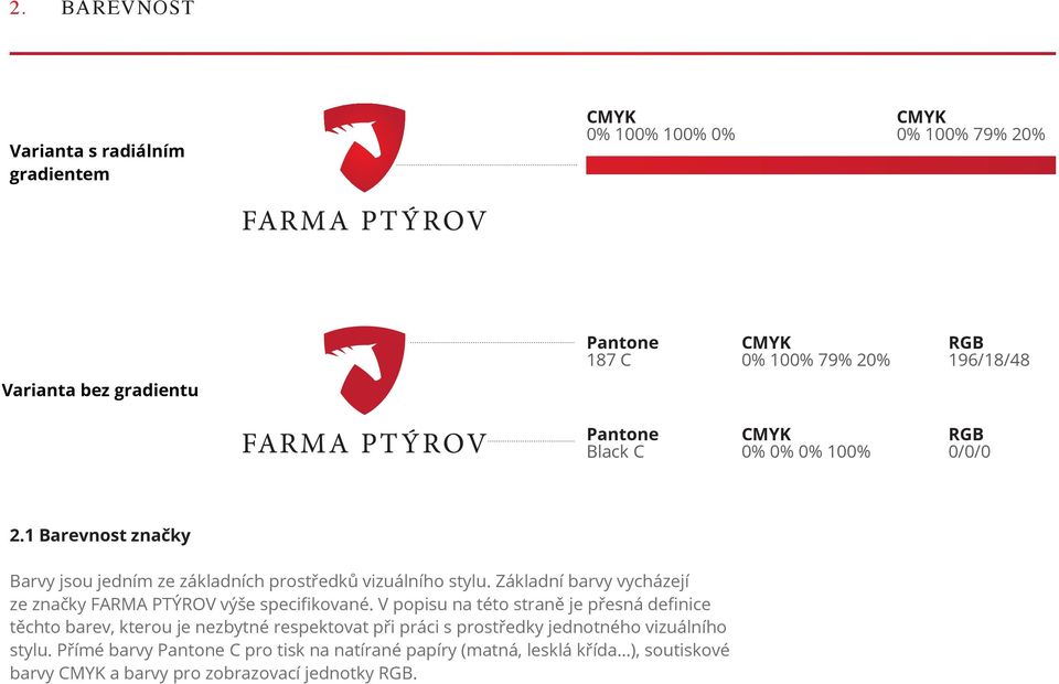 Základní barvy vycházejí ze značky FARMA PTÝROV výše specifikované.