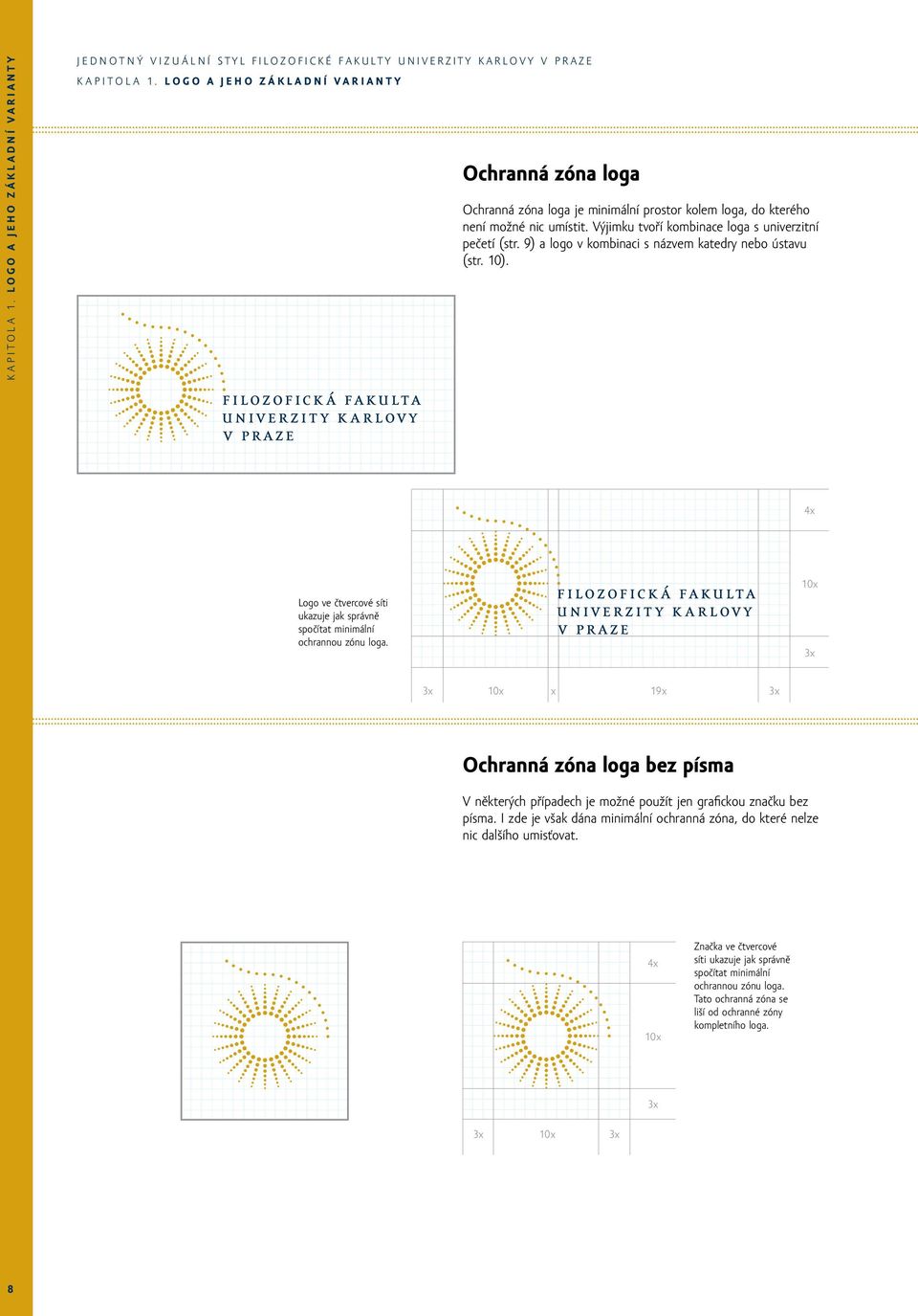 9) a logo v kombinaci s názvem katedry nebo ústavu (str. 10). 4x 10x Logo ve čtvercové síti ukazuje jak správně spočítat minimální ochrannou zónu loga.