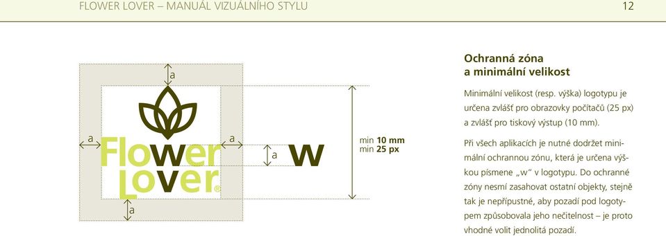 a a a a min 10 mm min 25 px Při všech aplikacích je nutné dodržet minimální ochrannou zónu, která je určena výškou písmene w v