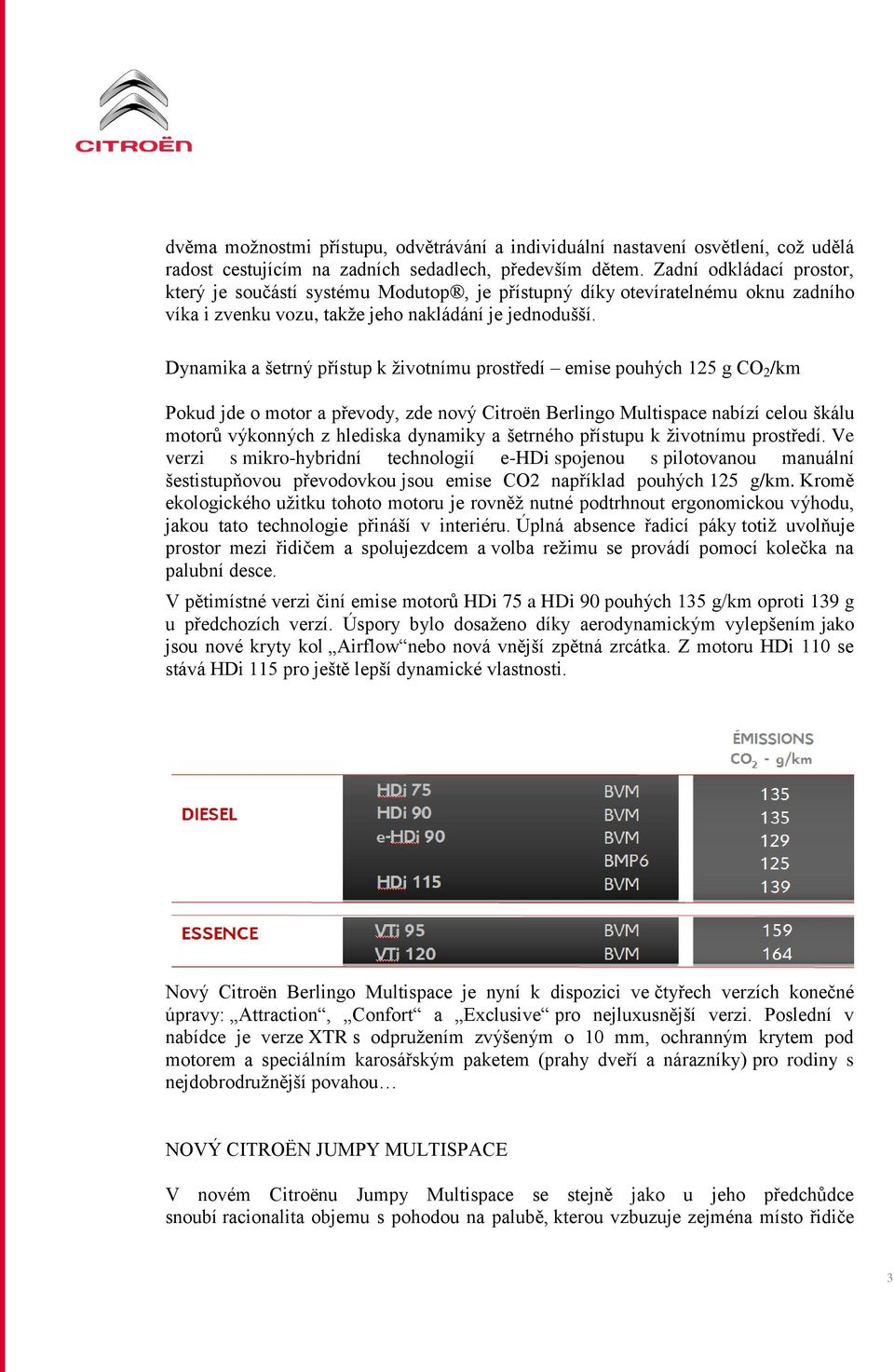 Dynamika a šetrný přístup k životnímu prostředí emise pouhých 125 g CO 2 /km Pokud jde o motor a převody, zde nový Citroën Berlingo Multispace nabízí celou škálu motorů výkonných z hlediska dynamiky