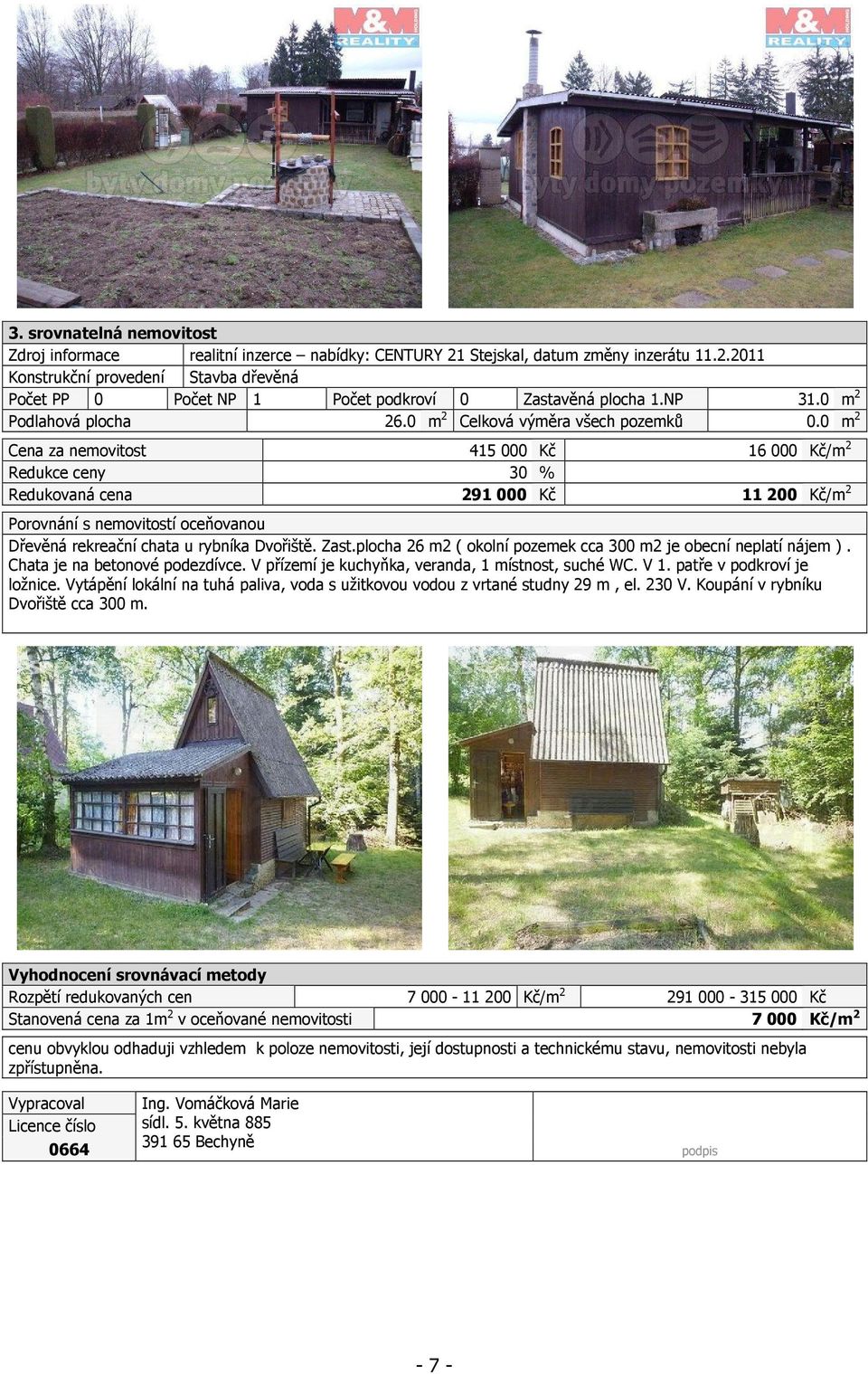 0 m 2 Cena za nemovitost 415 000 Kč 16 000 Kč/m 2 Redukce ceny 30 % Redukovaná cena 291 000 Kč 11 200 Kč/m 2 Porovnání s nemovitostí oceňovanou Dřevěná rekreační chata u rybníka Dvořiště. Zast.