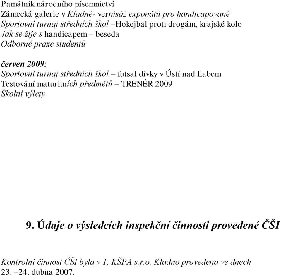 turnaj středních škol futsal dívky v Ústí nad Labem Testování maturitních předmětů TRENÉR 2009 Školní výlety 9.