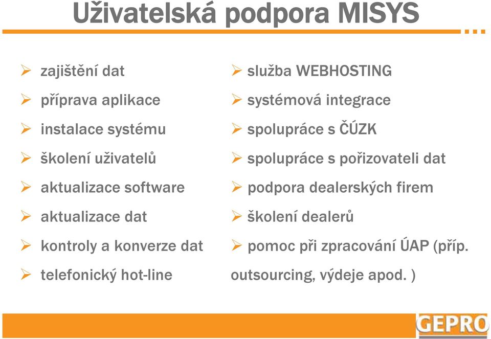 hot-line služba WEBHOSTING systémová integrace spolupráce s ČÚZK spolupráce s pořizovateli