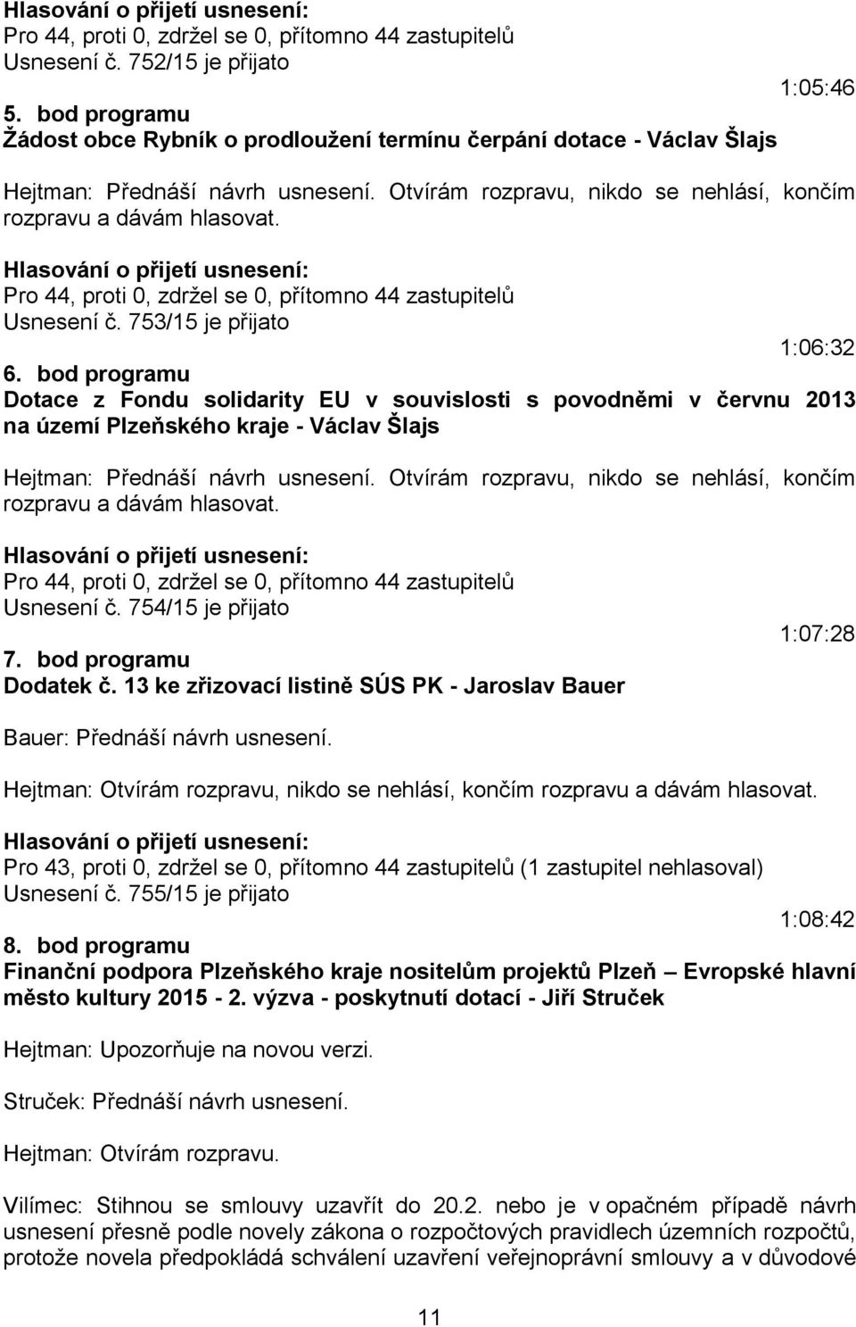 Pro 44, proti 0, zdržel se 0, přítomno 44 zastupitelů Usnesení č. 753/15 je přijato 1:06:32 6.