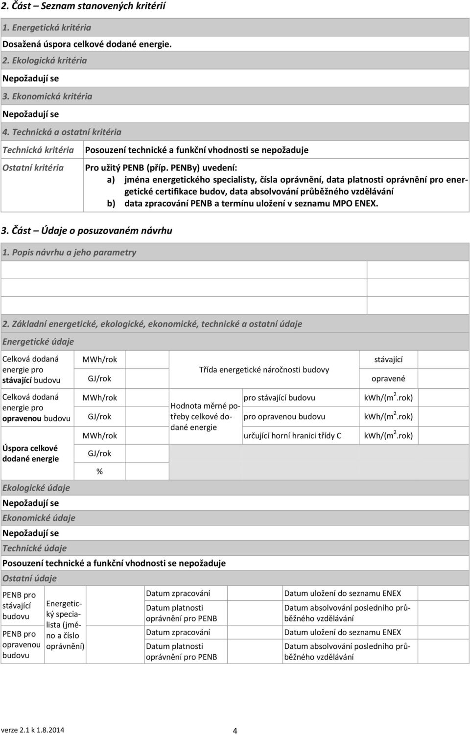 PENBy) uvedení: a) jména energetického specialisty, čísla oprávnění, data platnosti oprávnění pro energetické certifikace budov, data absolvování průběžného vzdělávání b) data zpracování PENB a