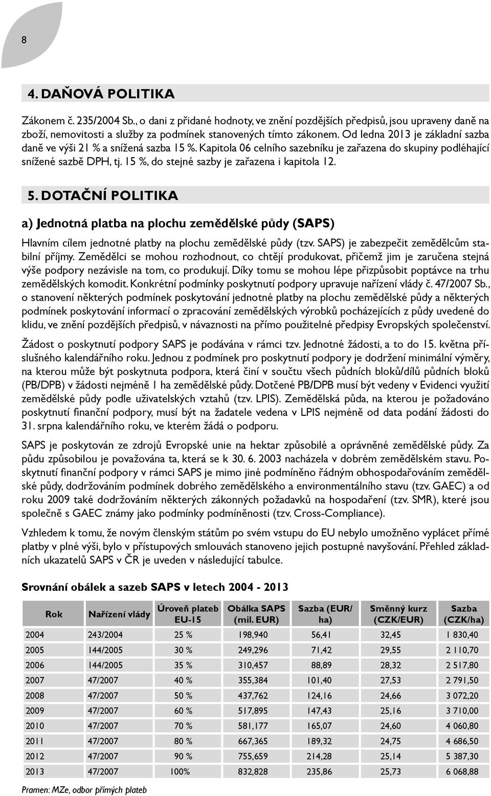 15 %, do stejné sazby je zařazena i kapitola 12. 5. Dotační politika a) Jednotná platba na plochu zemědělské půdy (SAPS) Hlavním cílem jednotné platby na plochu zemědělské půdy (tzv.