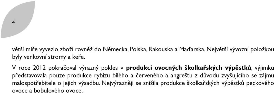 V roce 2012 pokračoval výrazný pokles v produkci ovocných školkařských výpěstků, výjimku představovala pouze