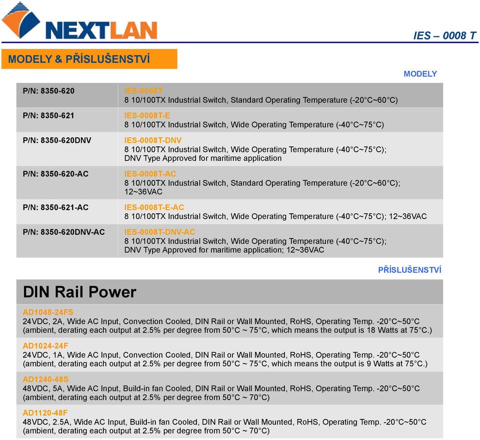 Type Approved for maritime application IES-0008T-AC 8 10/100TX Industrial Switch, Standard Operating Temperature (-20 C~60 C); 12~36VAC IES-0008T-E-AC 8 10/100TX Industrial Switch, Wide Operating