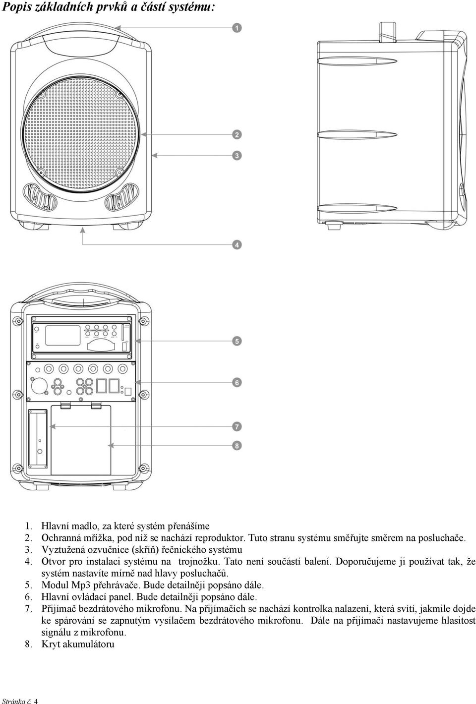 Doporučujeme ji používat tak, že systém nastavíte mírně nad hlavy posluchačů. 5. Modul Mp3 přehrávače. Bude detailněji popsáno dále. 6. Hlavní ovládací panel. Bude detailněji popsáno dále. 7.