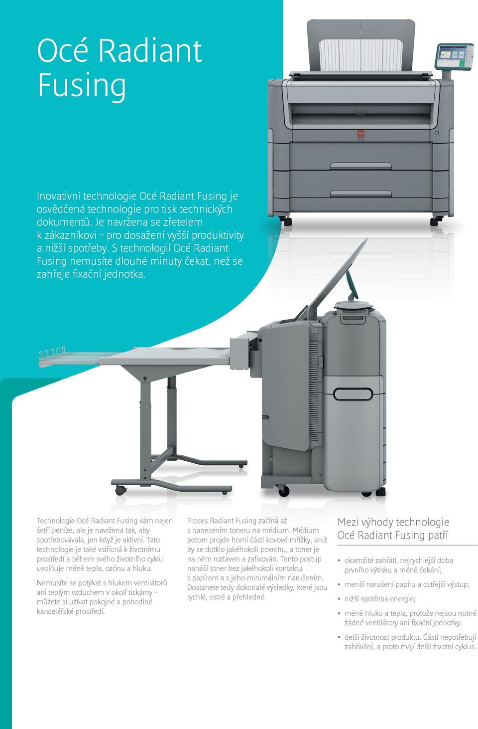 Technologie Océ Radiant Fusing vám nejen šetří peníze, ale je navržena tak, aby spotřebovávala, jen když je aktivní.