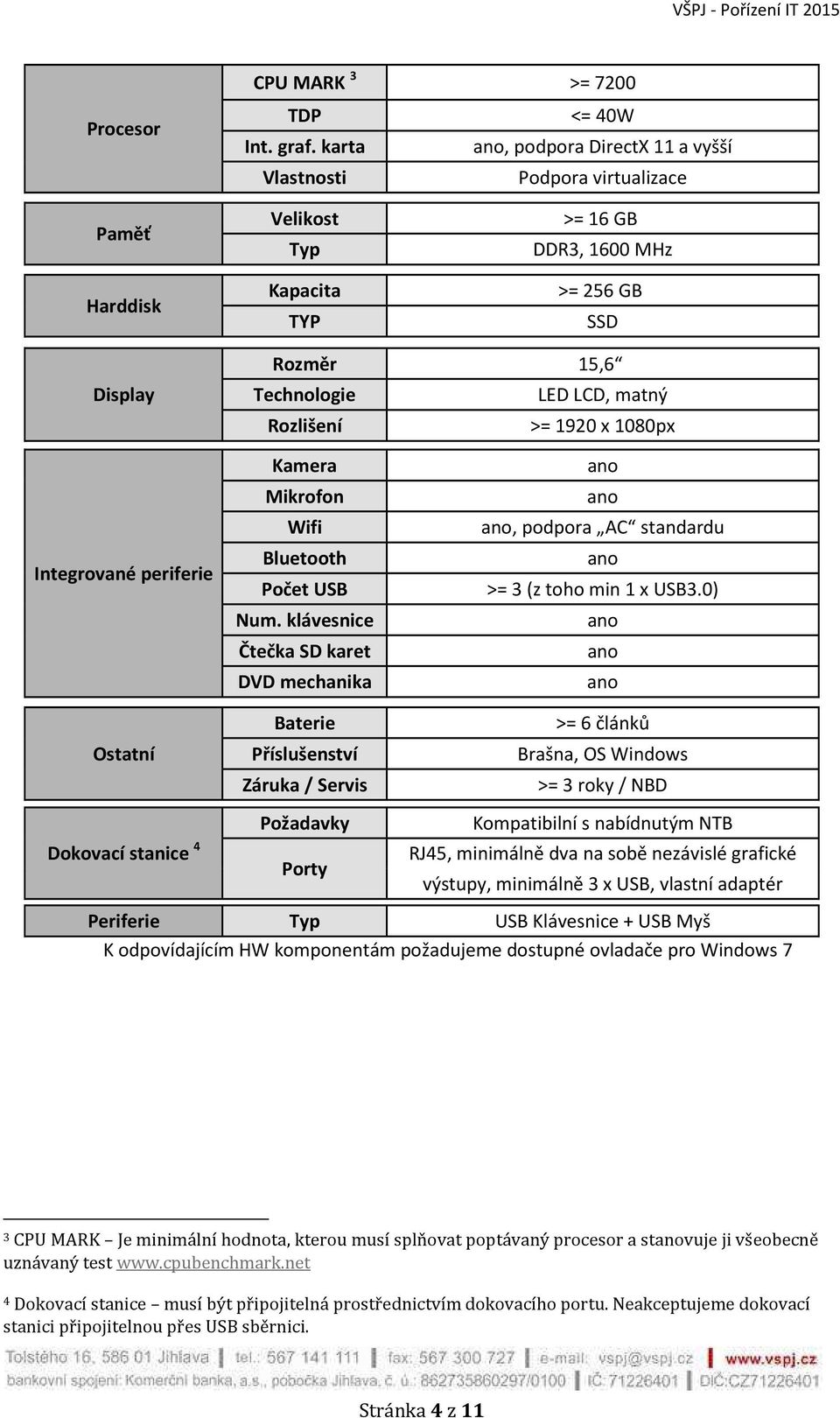 Integrované periferie Kamera Mikrofon Wifi Bluetooth Počet USB Num. klávesnice Čtečka SD karet DVD mechanika, podpora AC standardu >= 3 (z toho min 1 x USB3.