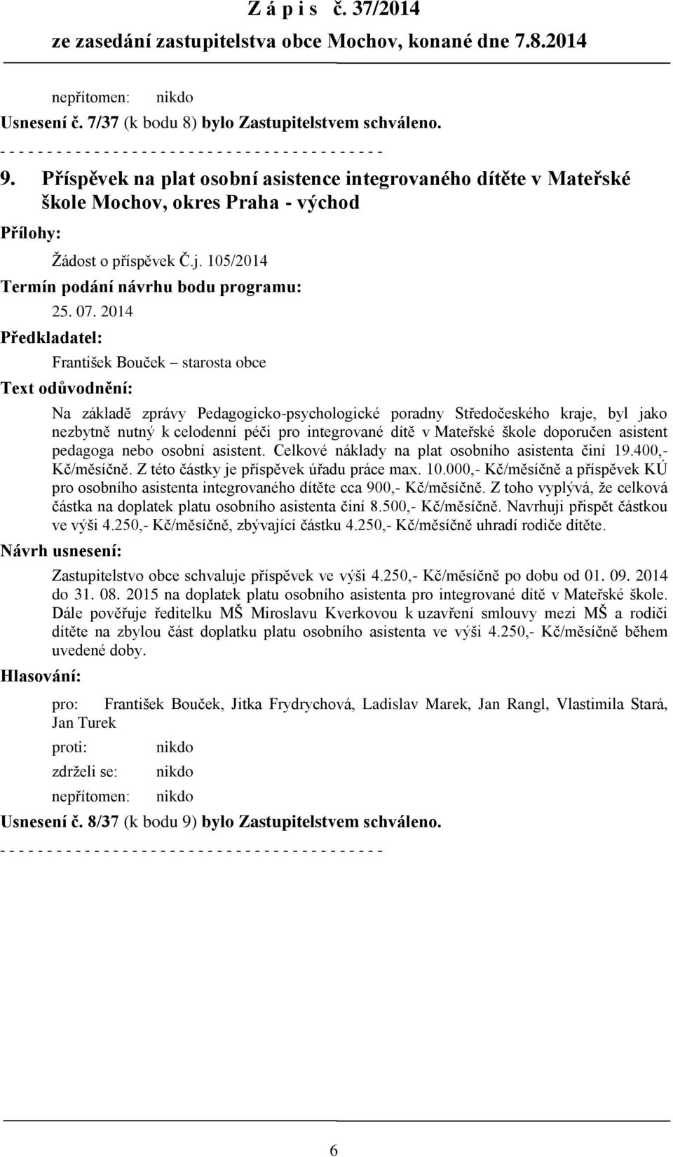 Příspěvek na plat osobní asistence integrovaného dítěte v Mateřské škole Mochov, okres Praha - východ Přílohy: Žádost o příspěvek Č.j. 105/2014 Termín podání návrhu bodu programu: 25. 07.