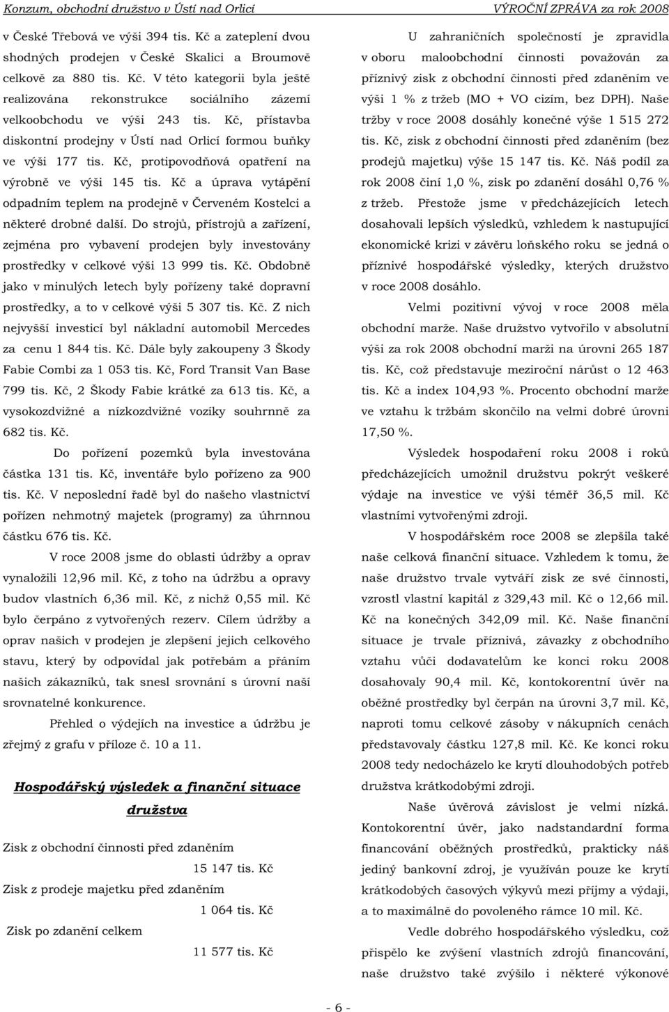 Kč, přístavba diskontní prodejny v Ústí nad Orlicí formou buňky ve výši 177 tis. Kč, protipovodňová opatření na výrobně ve výši 145 tis.