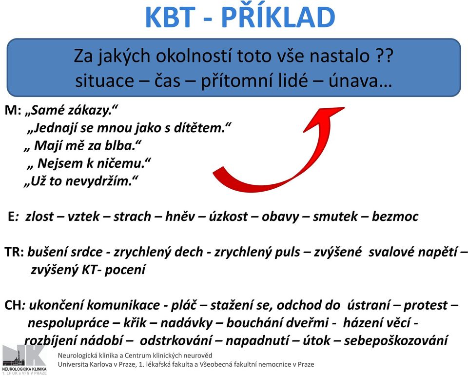 E: zlost vztek strach hněv úzkost obavy smutek bezmoc TR: bušení srdce zrychlený dech zrychlený puls zvýšené svalové napětí