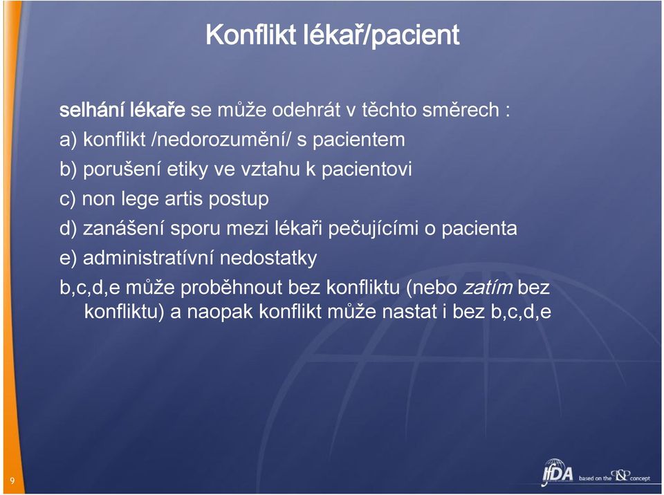 d) zanášení sporu mezi lékaři pečujícími o pacienta e) administratívní nedostatky b,c,d,e